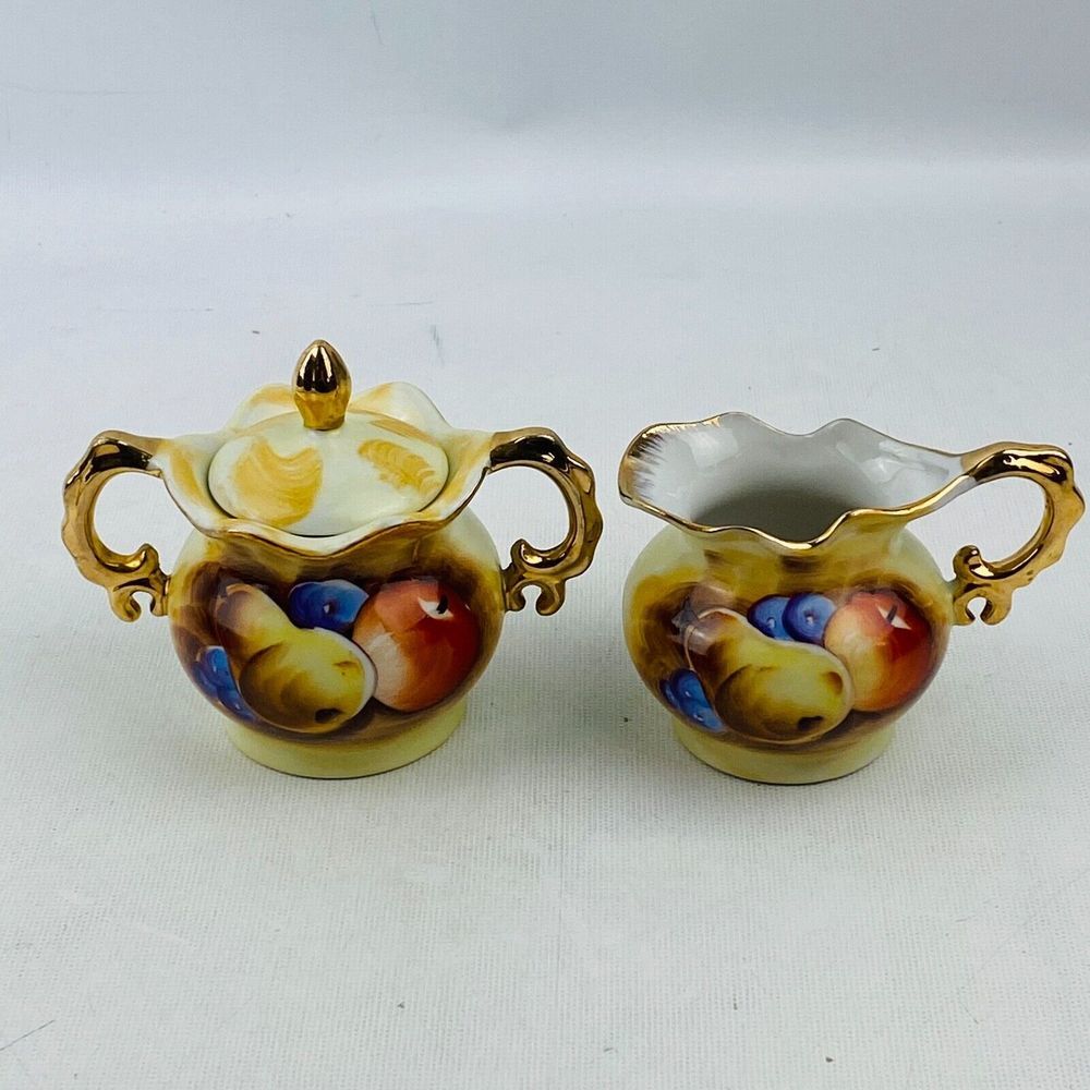Vtg Enesco Fruit Pattern Sugar Creamer Gold Trim Hand Painted E2355 Pear Apple‎